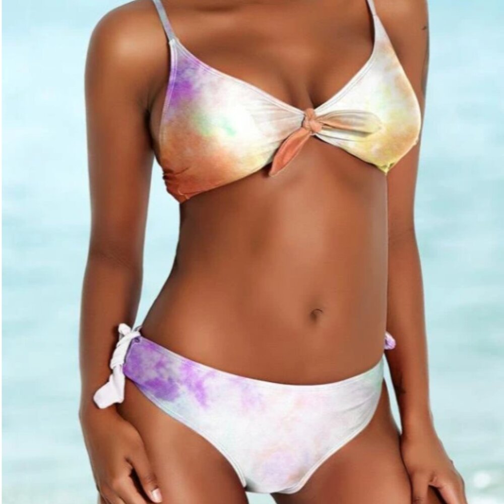 Pastel Colored Tie-Dye Bikini with a Knot in the Middle & on Both Side of Bottom